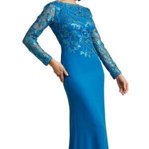 Tadashi Shoji Deep Ocean Blue Sequin Lace Long Sleeve Crepe Gown